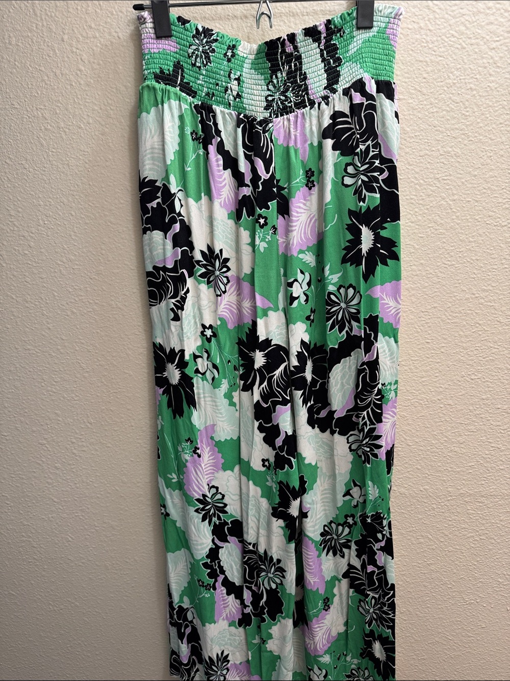 Anthropologie Green Black White Lilac Floral Wide-Leg Pants